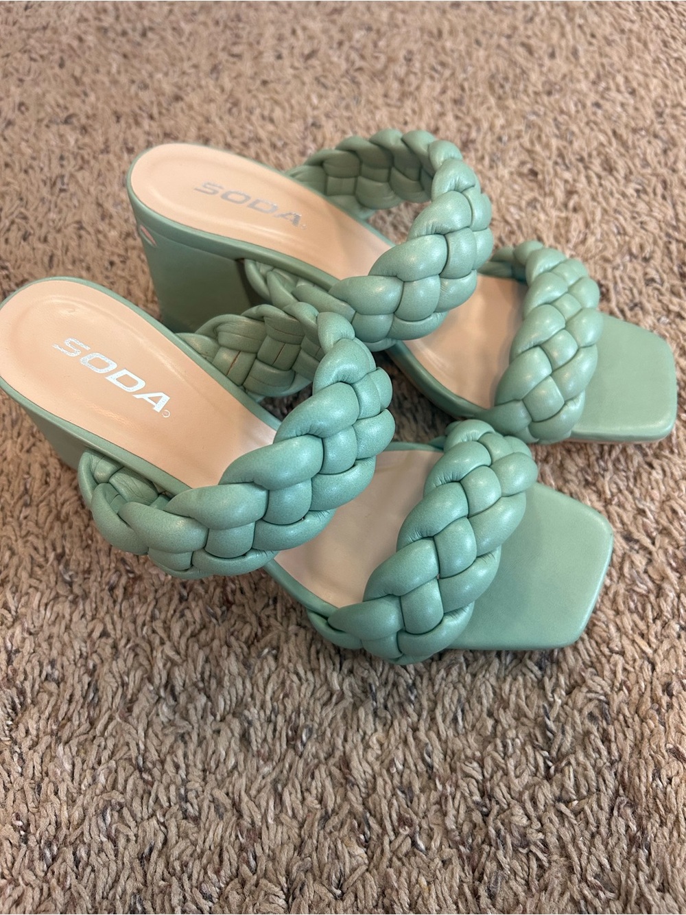 SODA Mint Braided Double-Strap Block Heel Sandals